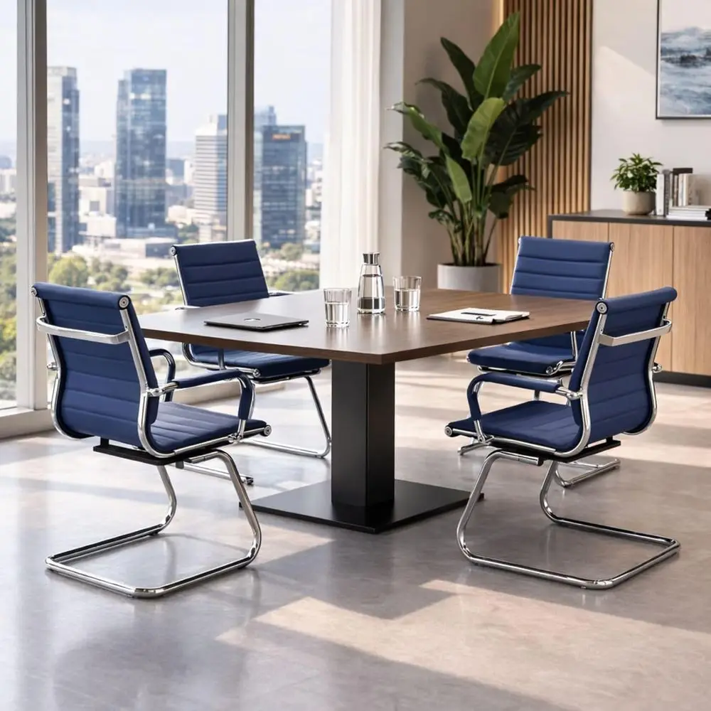 

Set of 4 Office Chairs with Armrests, Leather Upholstery, Metal Sled Base, Ideal for Comfortable Meetings, Navy Blue