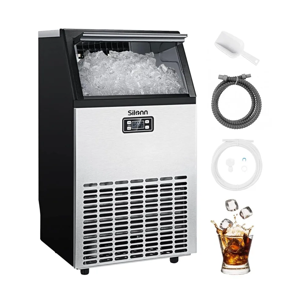 Commercial Ice Machines, Creates 100lbs in 24H, 33lbs Ice Storage Capacity, Stainless Steel Freestanding