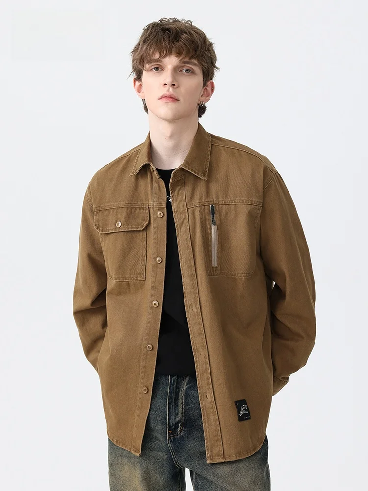 

JFU Vintage Workwear irt Men's Waed Faded Long Cotton Jaet Autumn 2024 Casual Sle Pure Online S Regular Thin
