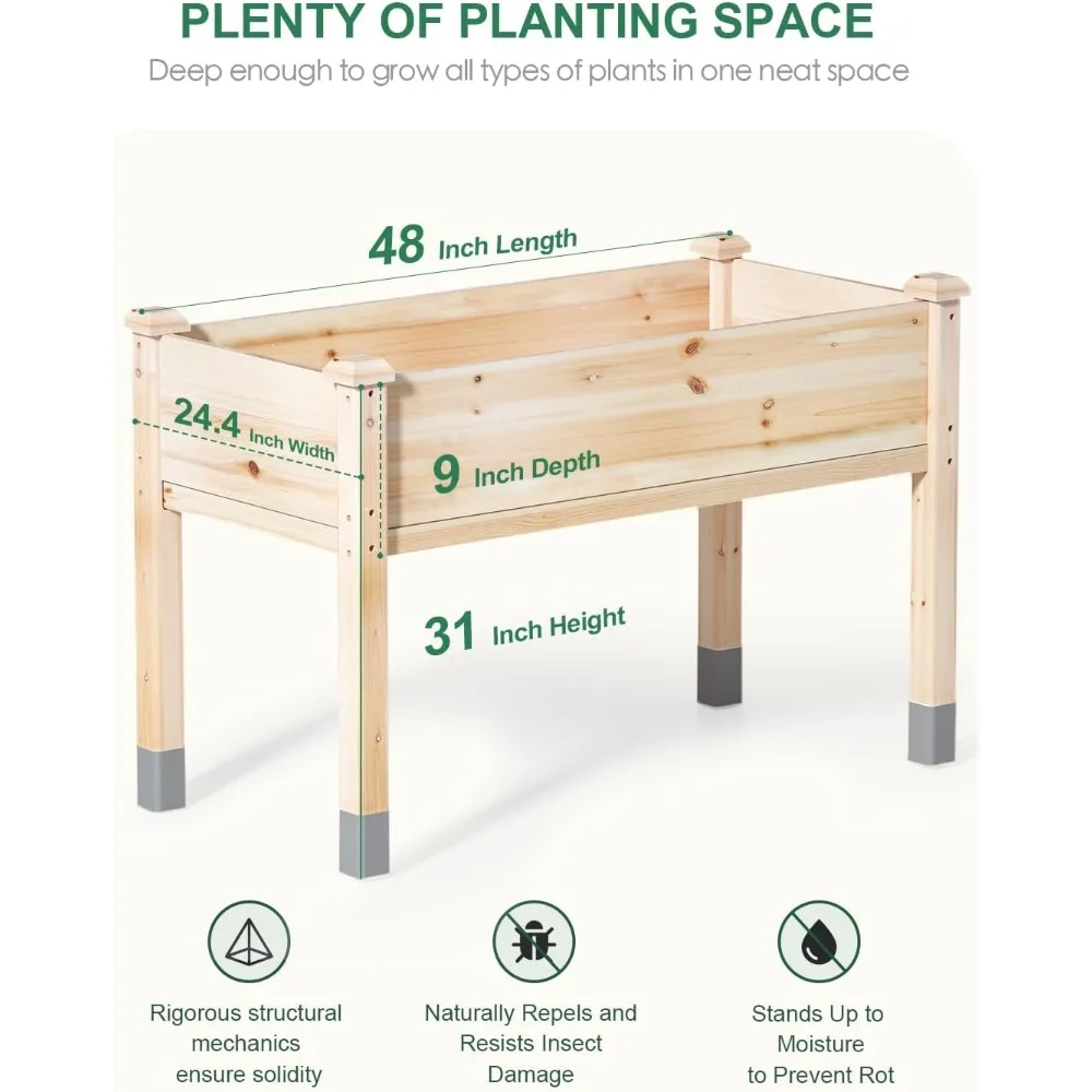 Wooden Raised Garden Bed 24D x 48W x 31H With Table Legs Reinforced Planter Box For Growing Vegetables Flowers And Plants