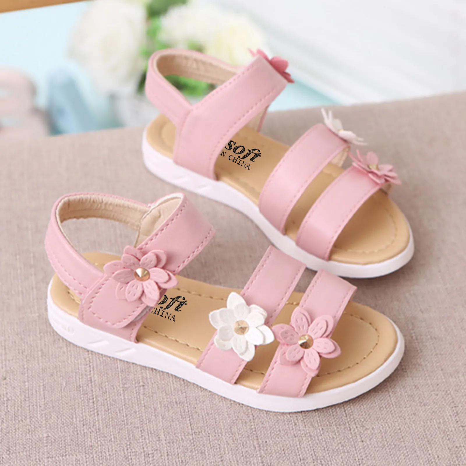 Children\'s Sandals 2024 New Girls Flats Princess Flower Kids Summer Slip on Shoes Pink Soft Sole Elastic Band Open Toe Footwear