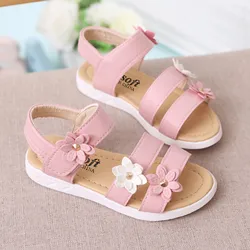 Children's Sandals 2024 New Girls Flats Princess Flower Kids Summer Slip on Shoes Pink Soft Sole Elastic Band Open Toe Footwear