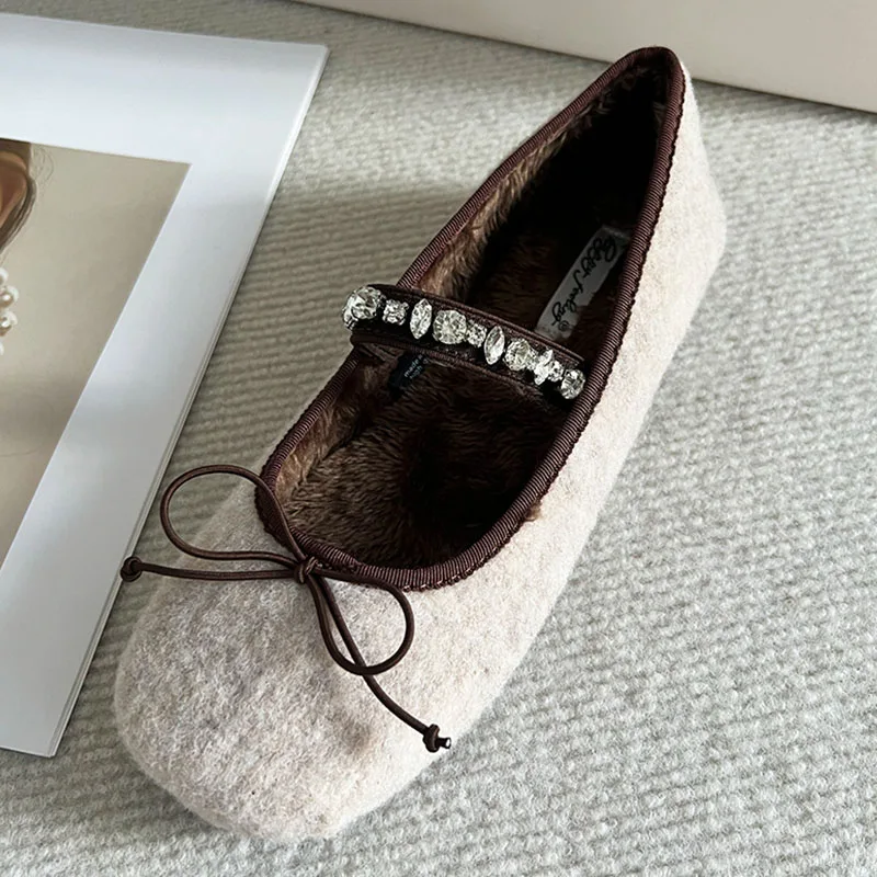 Plush Fashion Bling Women Ballet Flats With Fur Dance Shoes Female Shallow Footwear Rhinestones Ladies Flats Mary Janes Shoes