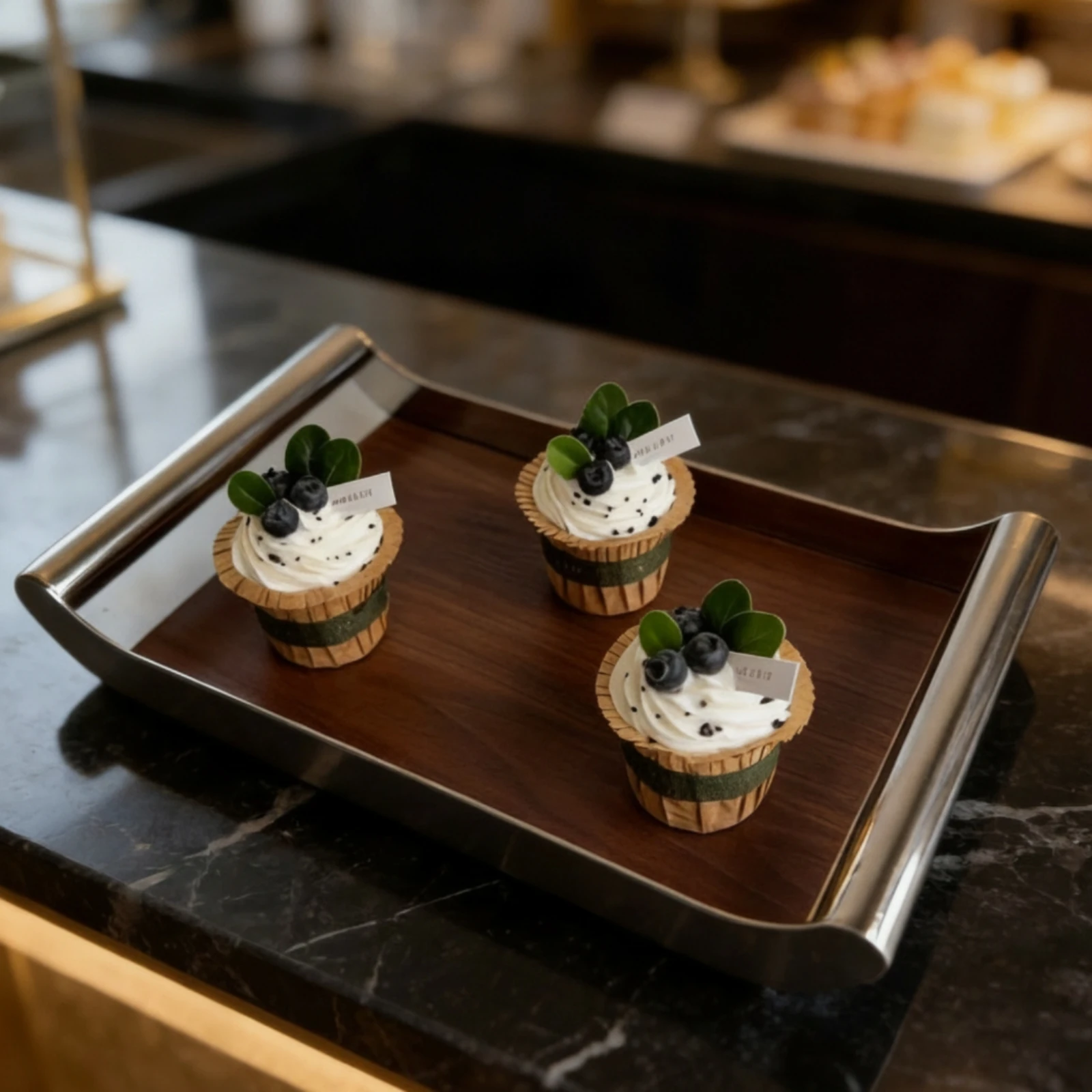 Wood Tray with Metal Handles Easy to Clean Serving Tray with Handles Rectangular Serving Platter Flat Long-Lasting for Hosts