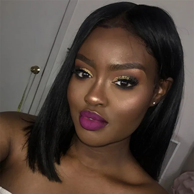 Hot-selling synthetic wig for women, black, realistic middle-parted bob cut, shoulder-length short hair, full headpiece