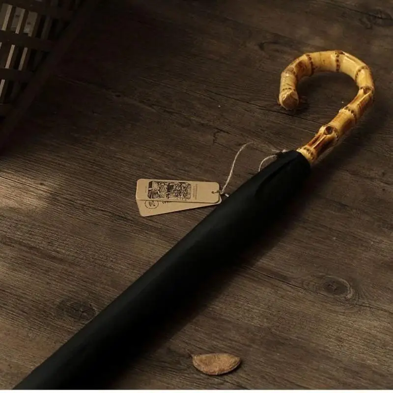 Retro Rattan Bamboo Curved Handle Umbrella Enlarged Reinforced Windproof and Rainproof Automatic Business Golf Umbrella
