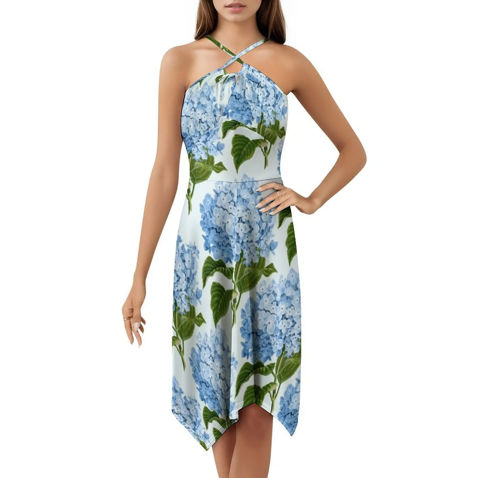 فستان كاجوال على الطراز الكوري مطبوع عليه زهور باللون الأزرق للنساء فساتين مكتب يومية بسيطة للسيدات أزرق أخضر أبيض Hortensia Floral #5