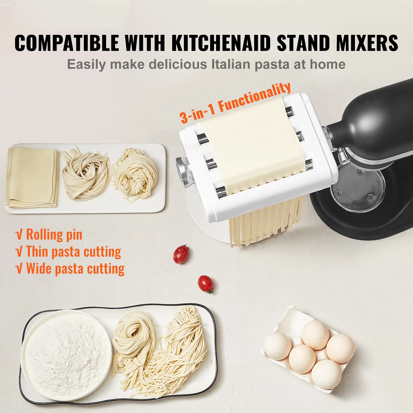 VEVOR Pasta Attachment for KitchenAid Stand Mixer  3-IN-1 Stainless Steel Pasta Roller Cutter Set Including Pasta Sheet Roller