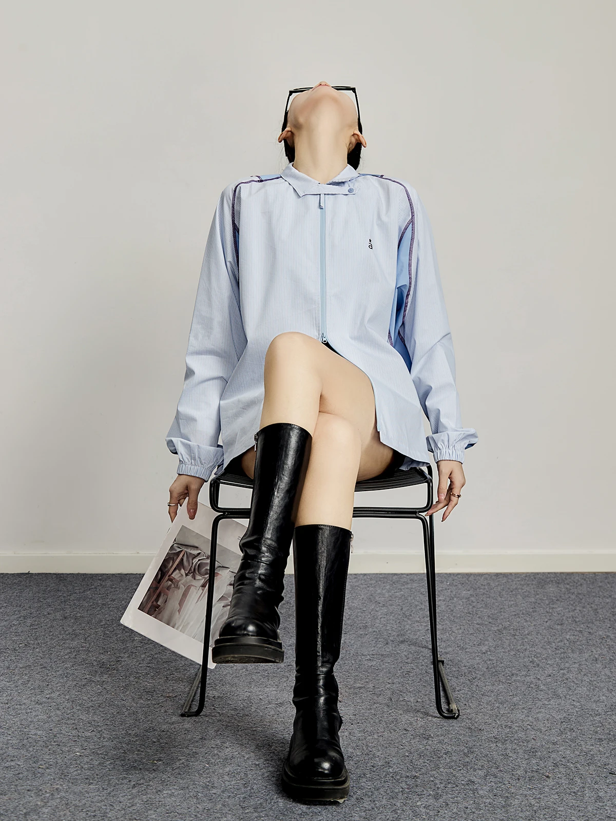 

Синий полосатый кардиган с длинными рукавами для женщин, весна 2026, новинка, премиум-качество, свободный крой, смесь полиэстера