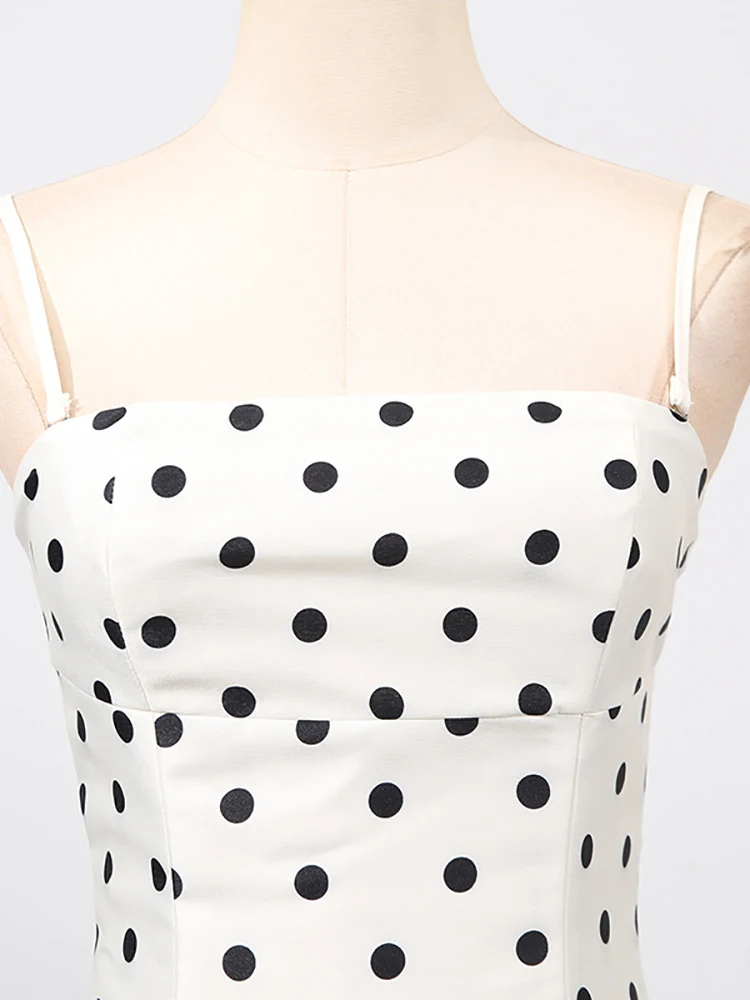 섹시한 스파게티 스트랩 폴카 도트 A라인 드레스 여성용 민소매 스퀘어 넥 하이 웨이스트 롱 드레스 우아한 이브닝 파티 가운