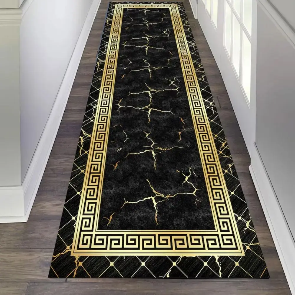 VIKAMA Black and Gold Marble Runner Rug Hallway Entrance Anti-Slip Long Mat Kitchen Bedroom Rug Home Decor
