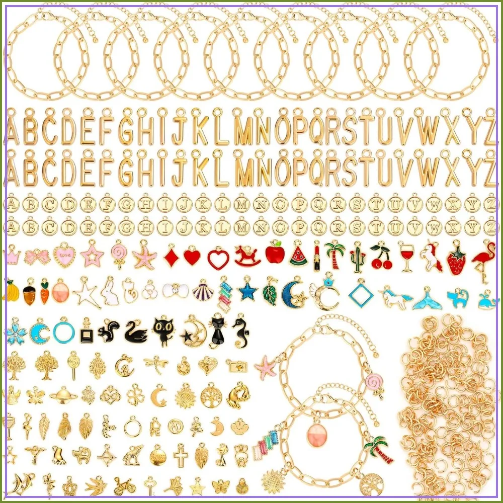 

416 Pieces Gold Charm Bracelet Making Kit with Paperclip Chains, Charms, Jump Rings for Jewelry Making