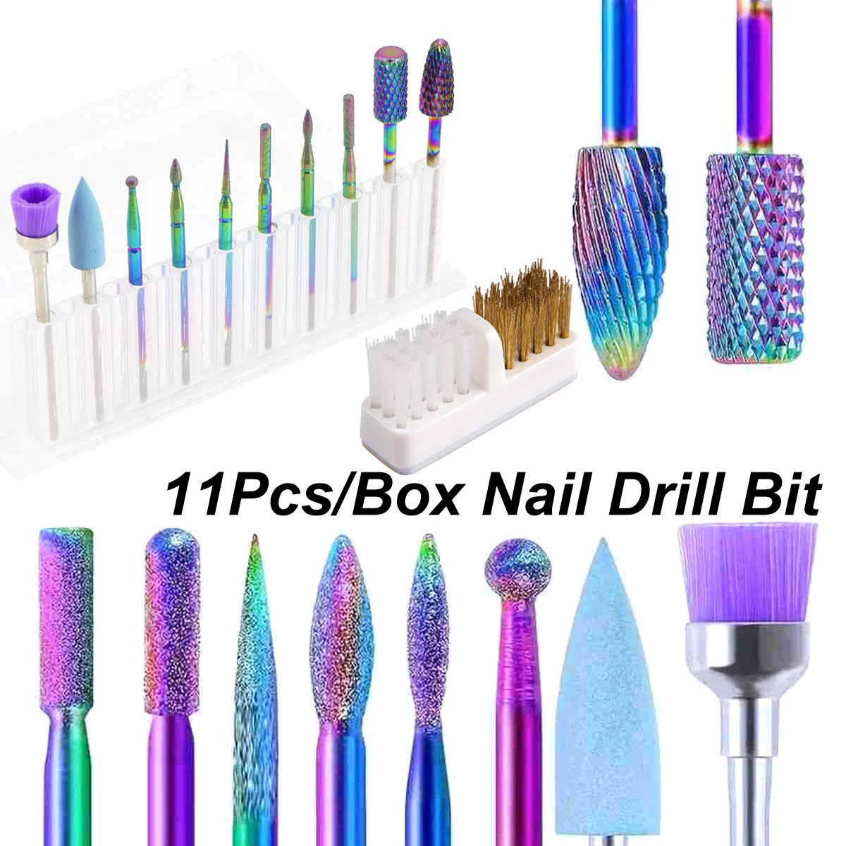 11PCS Nail Drill Bit Set with Cleaning Brush 3/32 Professional Cuticle Acrylic Gel Bits Manicure Pedicure Home Salon