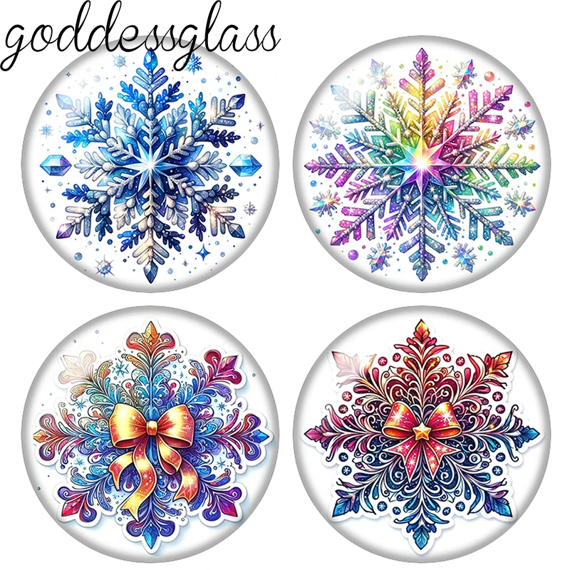 Beauty Colorful Snowflake Patterns Winter 10p 12mm/18mm/20mm/25mm Round Photo Glass Cabochon Flat Back Making Findings Jewelry