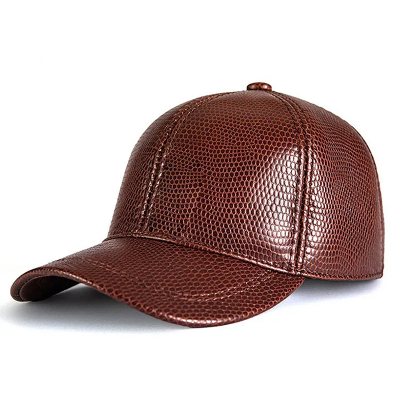 

New Autumn Winter Genuine Leather Caps For Men Natural Cowhide Baseball Cap Snake Skin Pattern Thickened Warm Coldproof Dad Hats