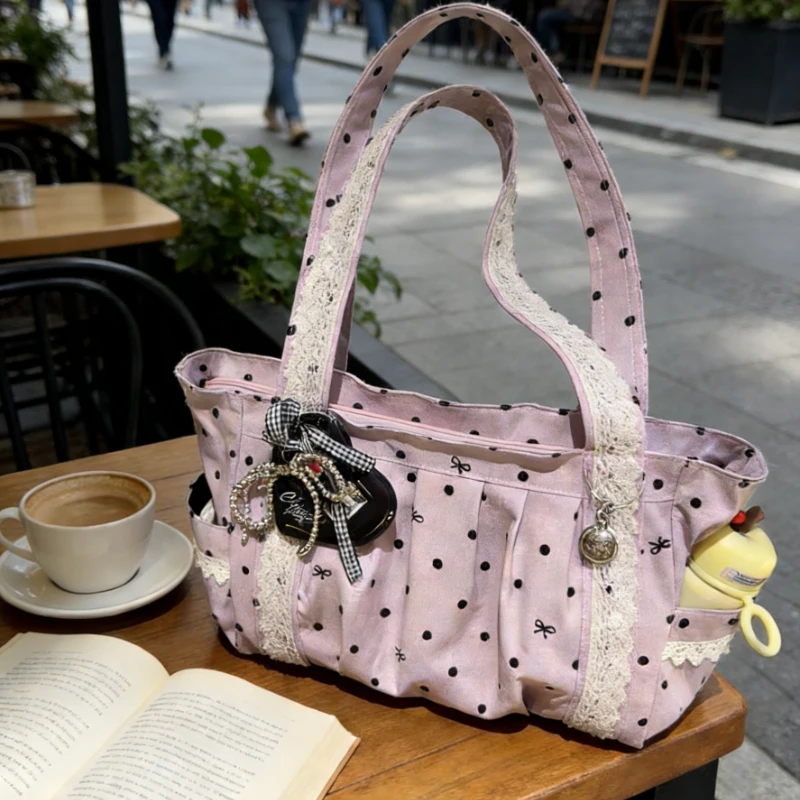

Вместительная легкая холщовая сумка-тоут с кружевом в горошек и 3D-флокированием в корейском стиле, повседневная сумка для студентов, школьная сумка, для ежедневных поездок