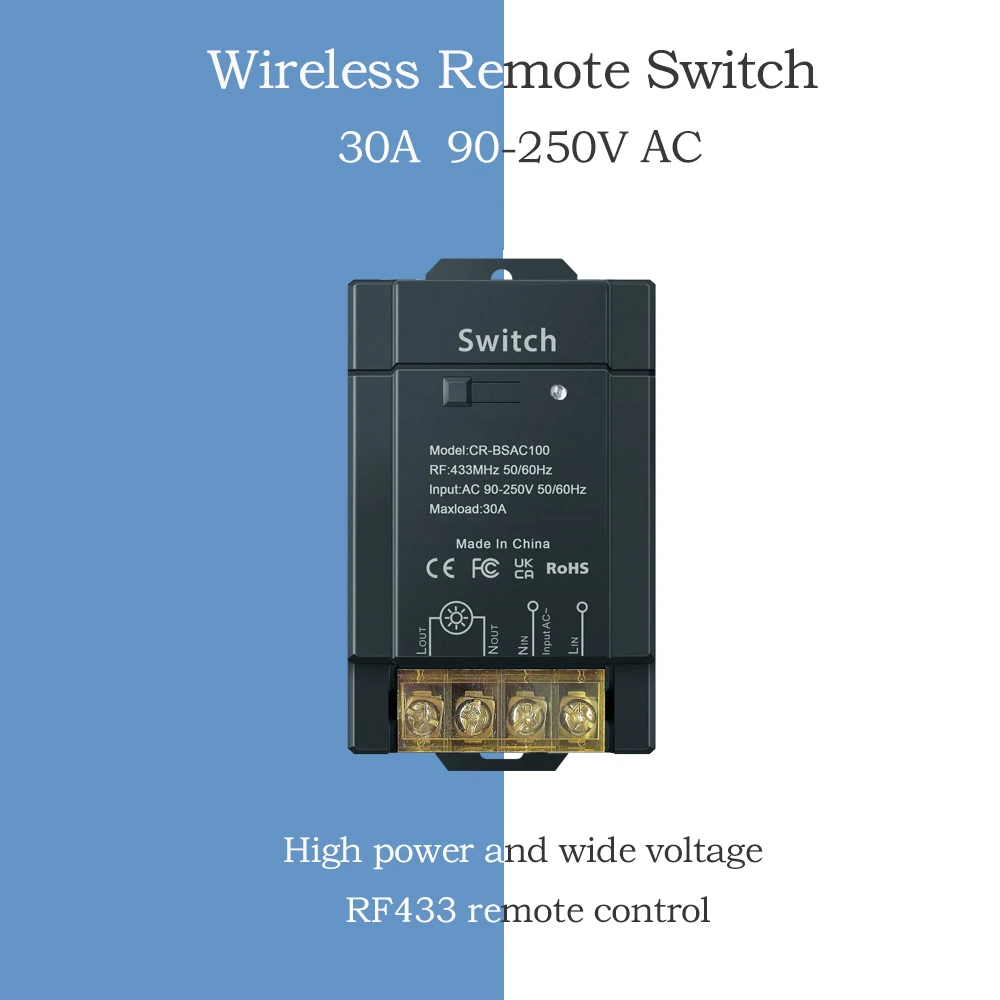 Wireless Remote Control Switch High-power 30A Wide-voltage AC 100-240V Long-distance RF433 Remote Control 1000-1500M