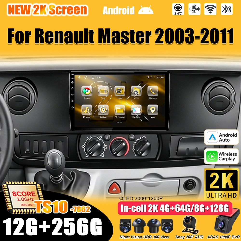 10 Inch Android 16 For Renault Master 2003 - 2011 Car Radio Stereo Head Unit  Multimedia Video Player GPS Navigation 2K QLED RDS