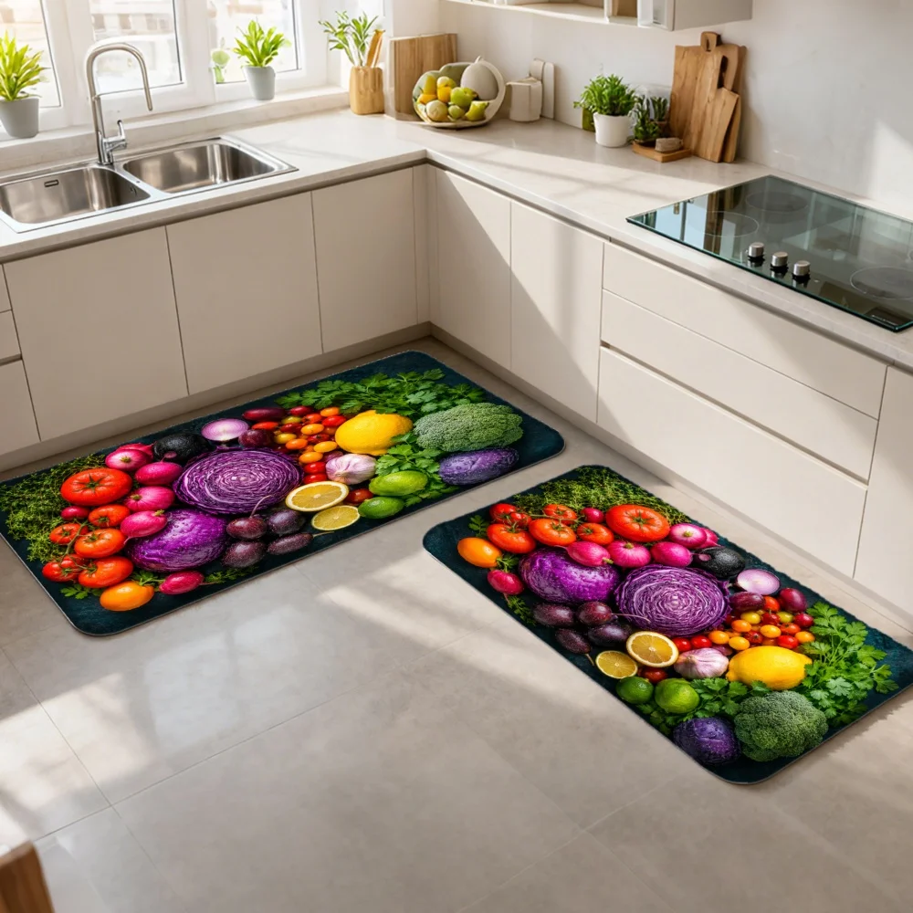 3PCS Mat Set,  Home Decoration for Front Door, Kitchen,  Colorful Vegetables And Fruits Pattern Print Kitchen Rug.