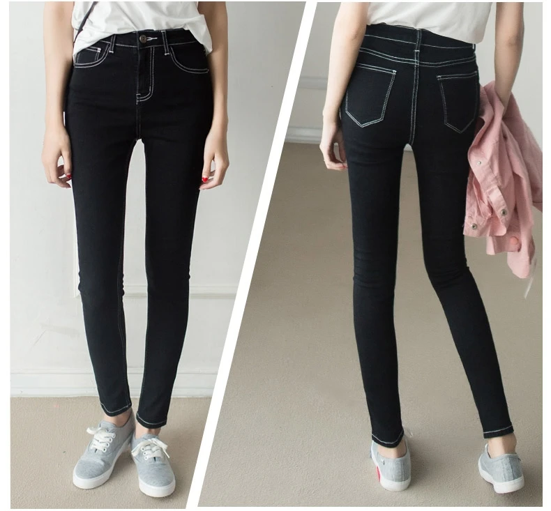 Hohe Taille Slim Fit Bla Denim Jeans Damen Bright Tead Kontrastfarbe Frühling Herbst Baumwolle Stretch Reißverschluss Bleistifthose