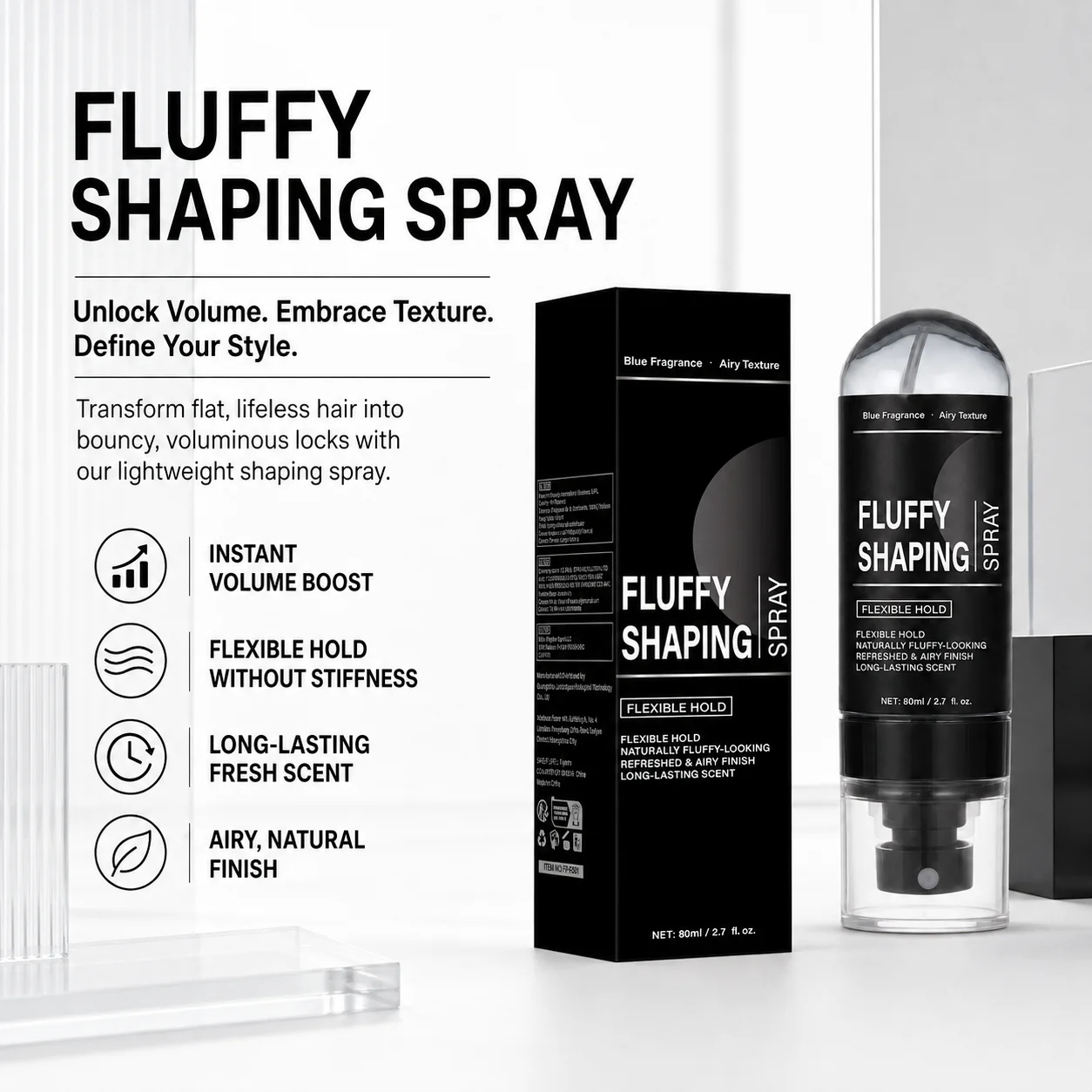 Volumizing and setting spray that provides flexible hold, creating a lightweight, natural, and voluminous texture; offers long-l