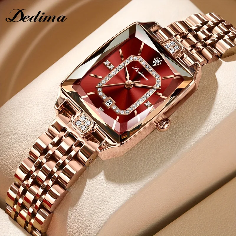 2026 New Elegant Women's Square Watch Diamond Studded Waterproof Calendar Rose Colored Steel Band Female Watch Solid Steel Band