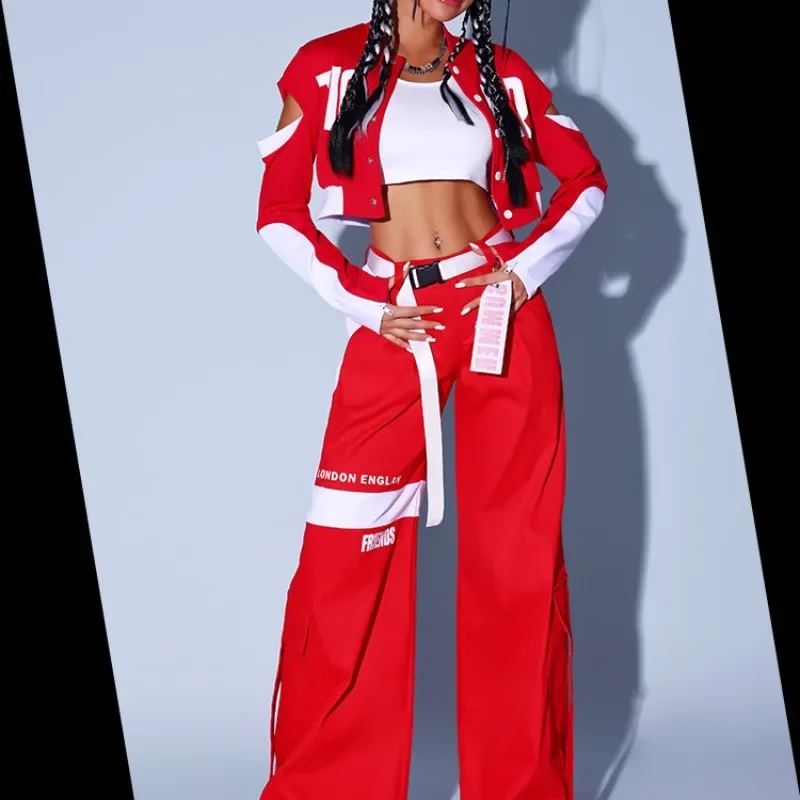 Jazz Kpop Stage Outfit Women Red White Top Pants Skirt Set Christmas Nightclub Party Rave Clothes DJ Gogo Dancer Hip Hop Suit