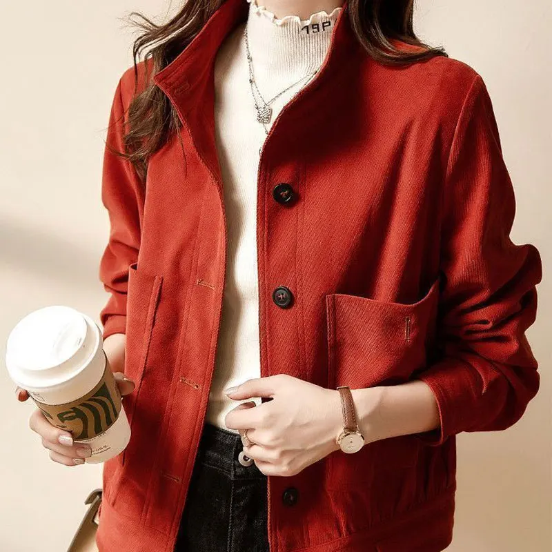 Women\'s Clothing Solid Color Streetwear Coats Stand Collar Casual Pockets Spliced Spring Autumn Commute Single-breasted Jackets