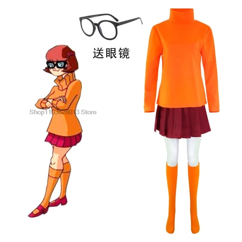 ملابس تنكرية للنساء والفتيات من Velma-Anime ، زي دافني الموحد ، شعر مستعار ، برتقالي ، تنورة علوي ، جوارب ، نظارات ، مجموعة أزياء هالوين ، لعب الأدوار في الحفلات