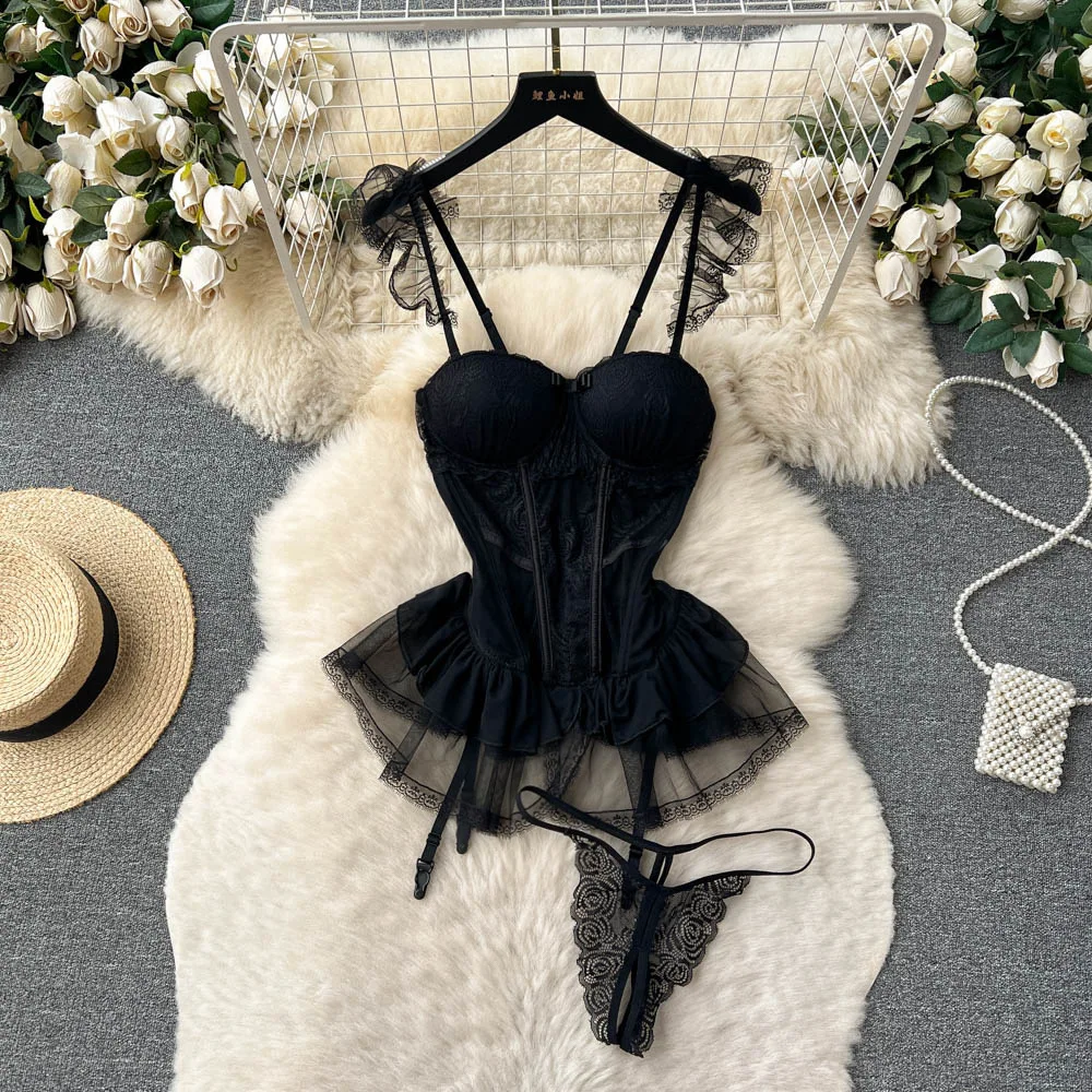Lace Sexy Underwear Suits Women Ruffles Sheer Camis Mesh Sensual Dress Suits Porno Erotic Open Crotch Slim Pajamas
