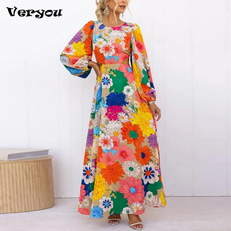 

Colorful Flower Printed Dress Women Long Sleeve O-neck Strap Waist Lace Up Backless Dresses Female Fashion Holiday Lady Vestidos