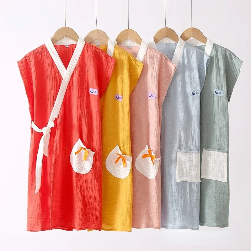 

Summer Men and Women's Children's Bathrobe Home Pajamas Cotton Yarn Bath Towel Style Dresses Sleeveless Casual Boys Clothes