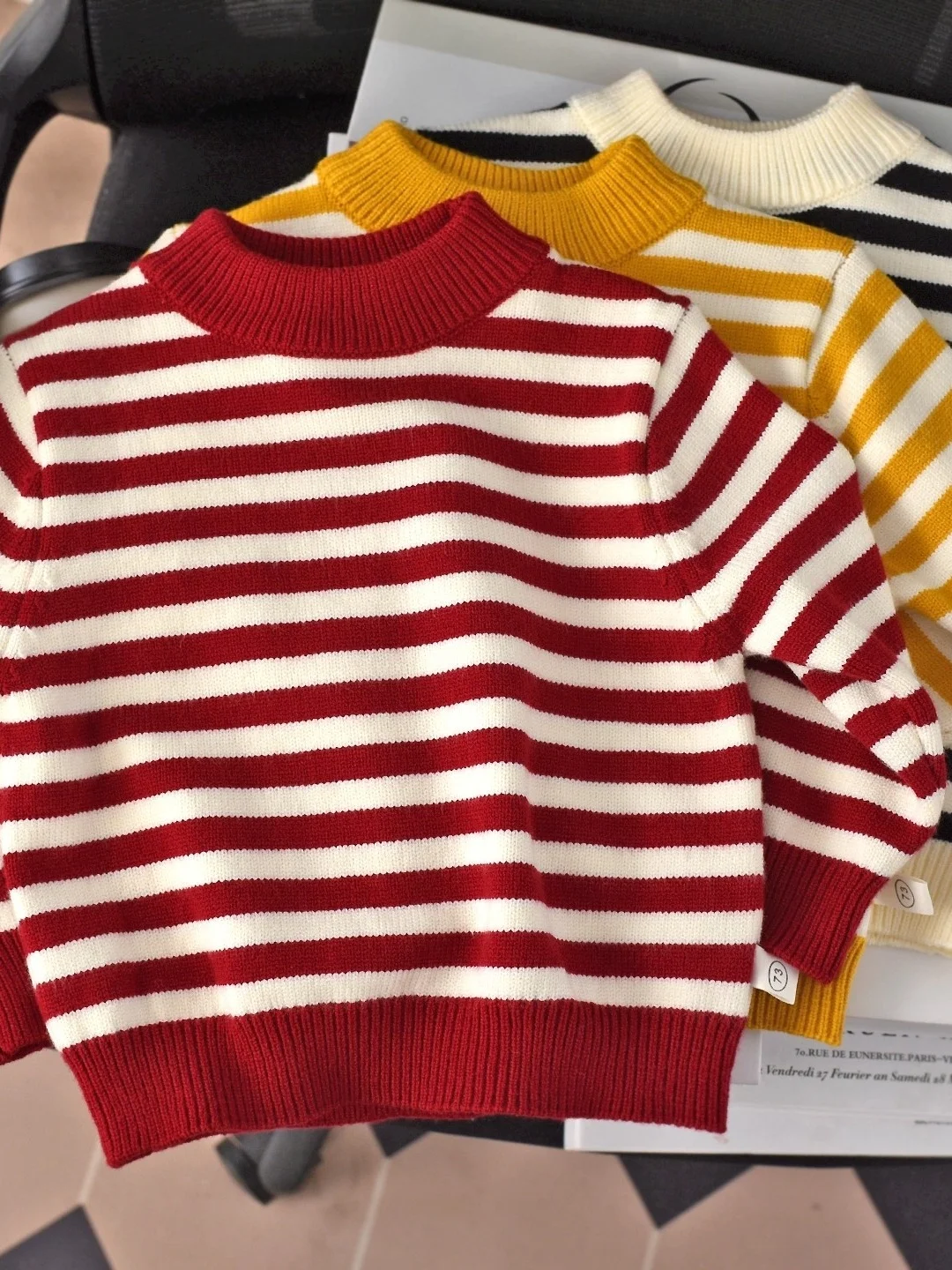 

Трикотаж в полоску Thiened, детская модная внутренняя одежда, зимний свитер для мальчиков и девочек, теплый теплый длинный свек, круглый ...