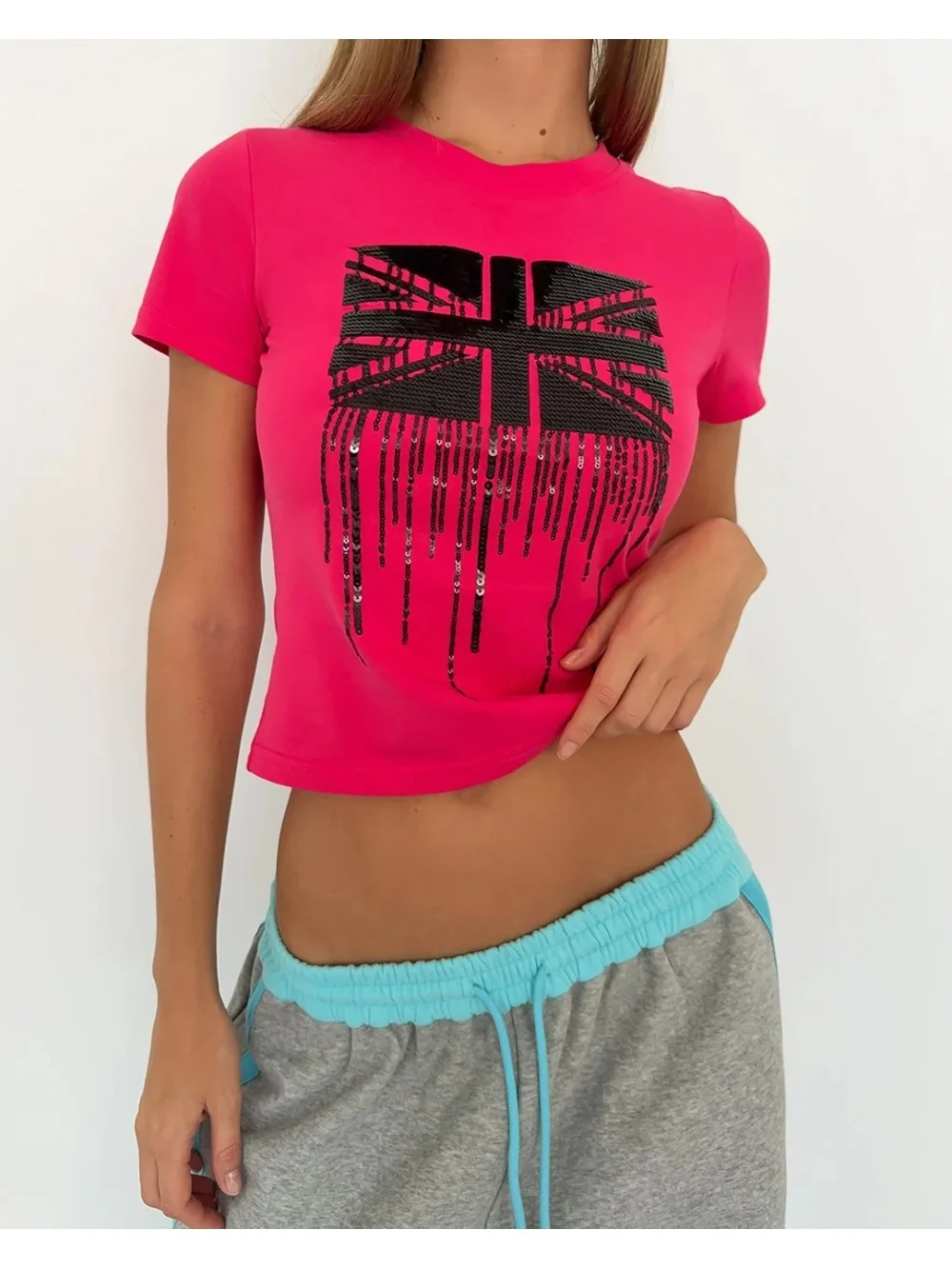 Y2K retro spice girl style short sleeve T-shirt, British casual fashion, sequin design, short slim sexy, Spring/Summer T-shirt.