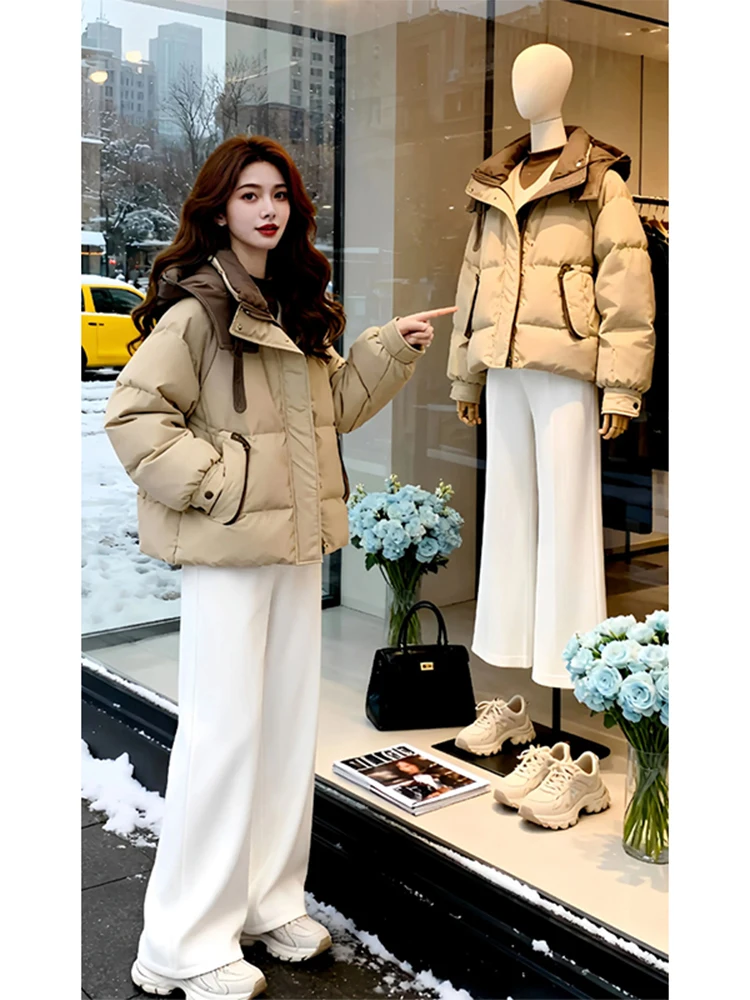 

Khaki Color Blo Hooded down Cotton Jaet Women's Winter New Design Beautiful Bread Sle Coat Korean Loose Fit Long Sve