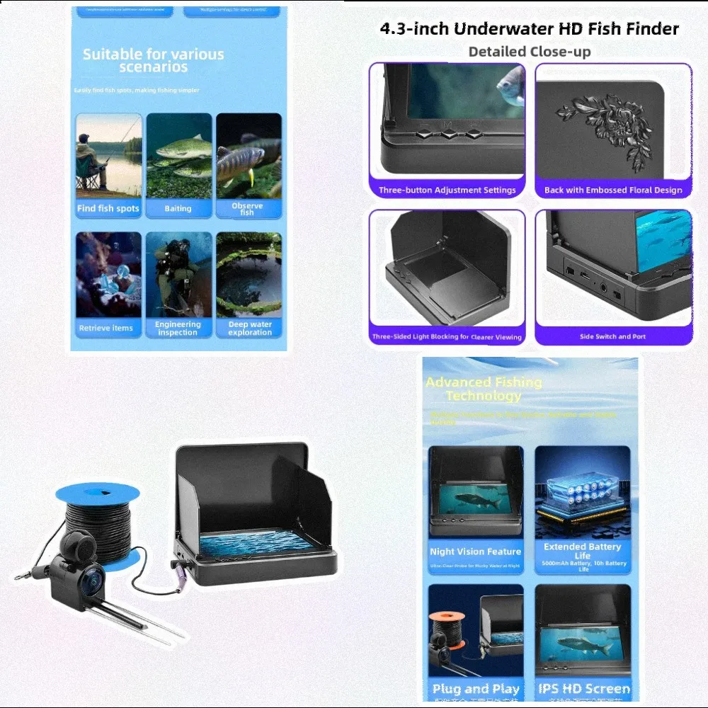 /HD /Underwater /Camera Fish Finder 195 Degree Wide Angle Night Sonar Device With IPS Screen For Boat Shore Fishing Gear
