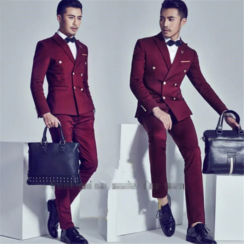 

Wine Red Men Suits Double Breasted Custome Homme 2 Pieces (Jacket+Pants) Wedding Prom Slim Fit Blazer Suits For Men