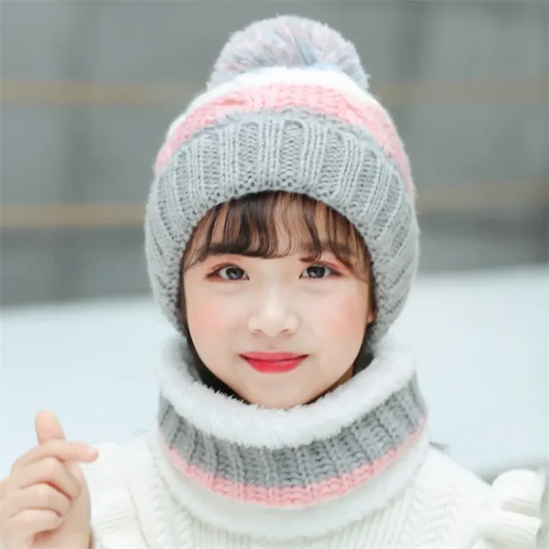 Girl Winter Stripe Beanies Hat Scarf Set Child Braided Cable Knit Pom Pom Hat And Ring Scarves Kids Warm Cap 4-12T Wear Pink