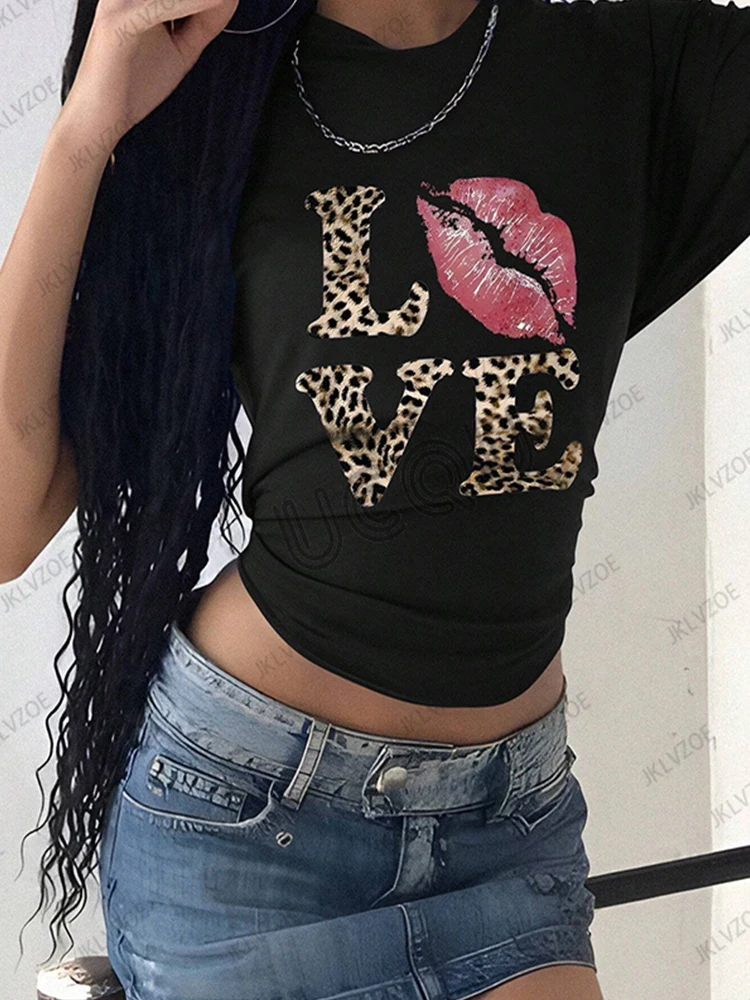 2025 été nouveau femmes imprimé léopard lèvres amour imprimé coton t-shirt à manches courtes col rond t-shirts décontracté mode surdimensionné hauts