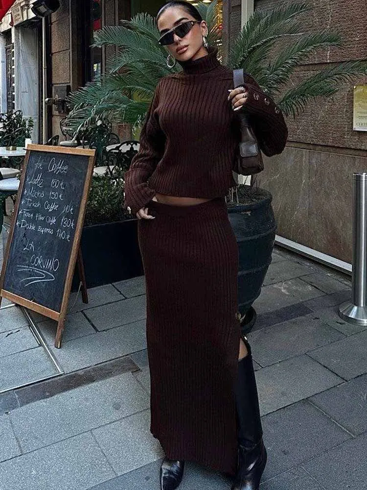 

BKQU элегантный вязаный свитер с воротником, женский комплект с юбкой, теплый пуловер с длинными рукавами, облегающие длинные юбки с разрезом, осенне-зимний наряд