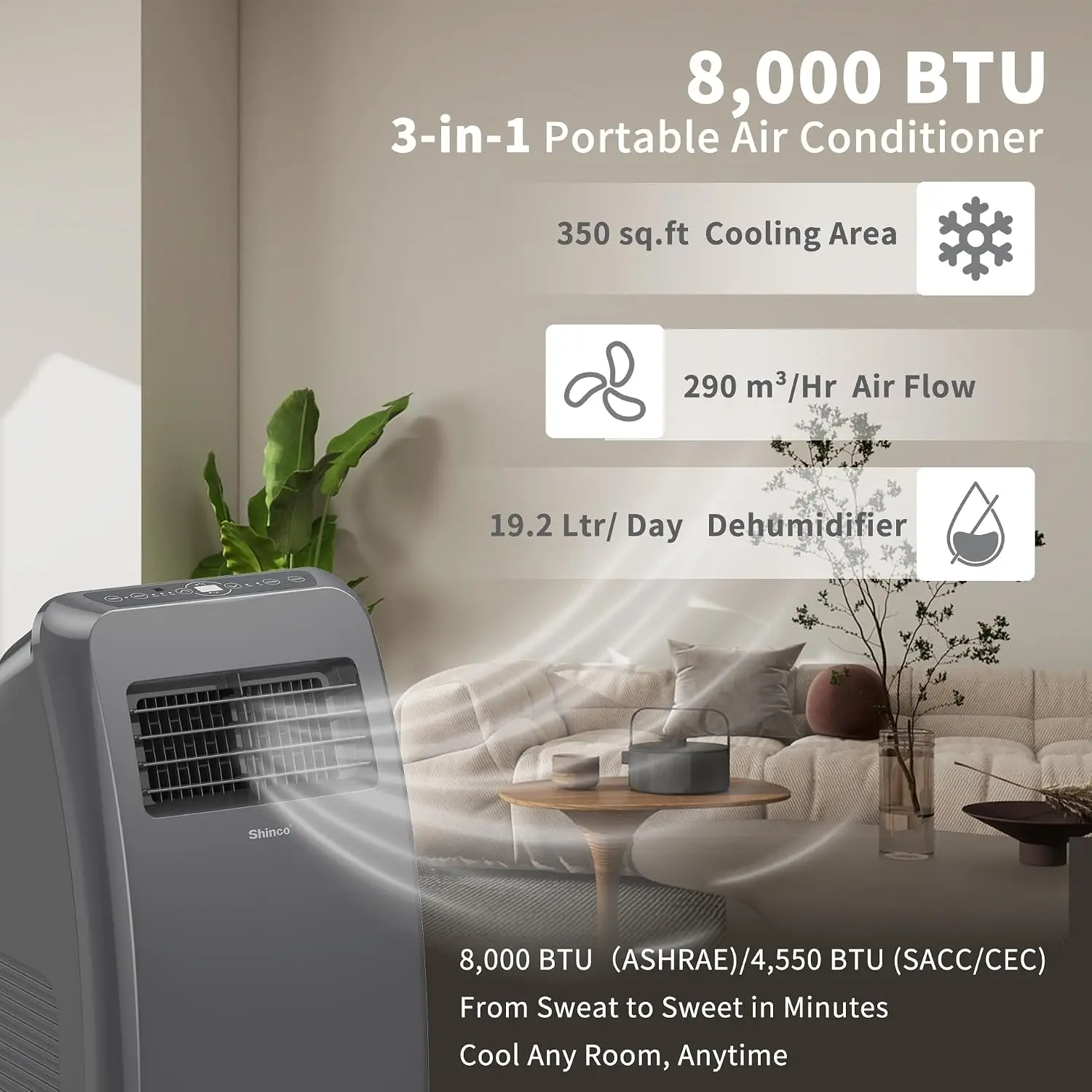 Portable Air Conditioner, 8,000 BTU Grey AC Unit with Built-in Cooling, Dehumidifier & Fan Modes, Room Air Conditioner for Spaces up to 350 sq.ft, Includes Remote Control & Installation Kit