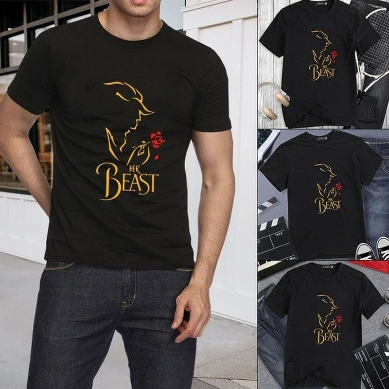 King Queen Couples T Shirt Beast Beauty Print Couple Tshirt Summer Fashion Women T-shirt Casual O-Neck Tops Lovers Men Tee Shirt