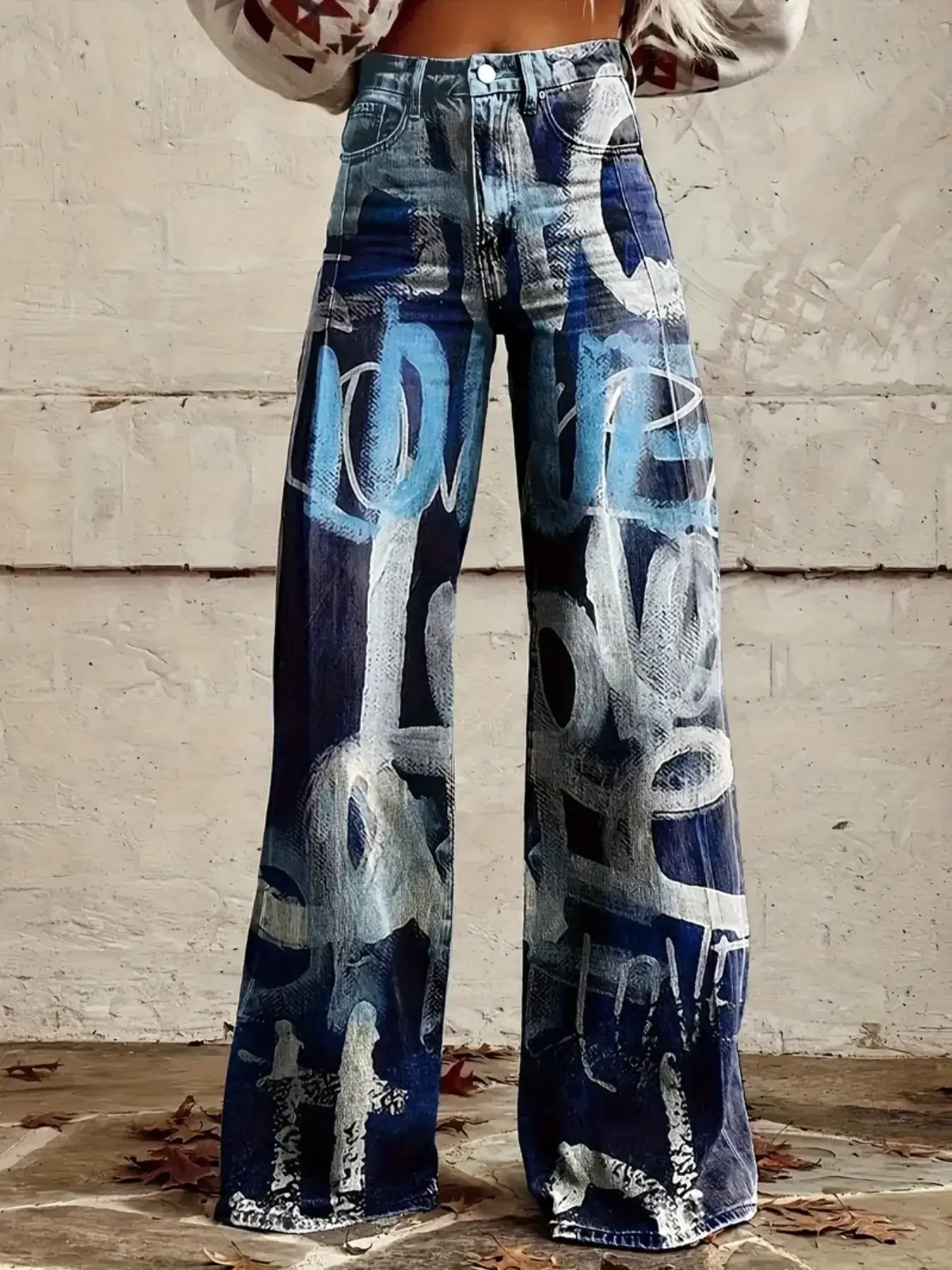2026Women's imitation denim pants with retro fashion patterns, autumn and winter printed patterns, denim style,