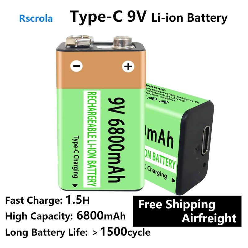 Long-Lasting 9V Rechargeable Battery 6800mAh High Capacity 9V Li-ion Battery Type-C Port 1.5H Fast Charge Over 1500 Cycle Life