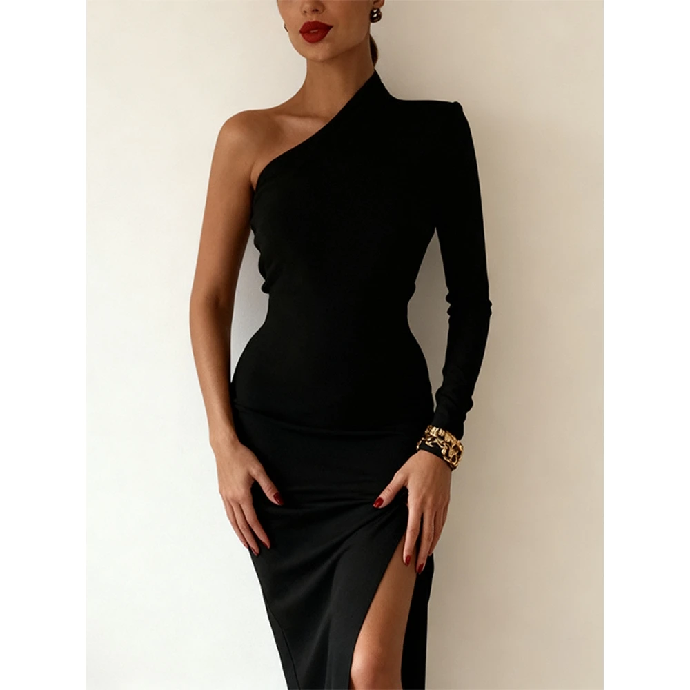 

Сексуальное облегающее платье на одно плечо с разрезом, юбка-обертка в уличном стиле, без бренда, из полиэстера, без рукавов, на молнии, для повседневной носки