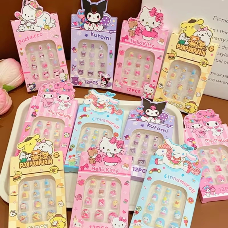 

12/24 шт. Kawaii Kitty/Kuromi накладные ногти 5-12 лет детский пресс на ногтях дети Y2k съемные кавайные маникюрные насадки для девочек