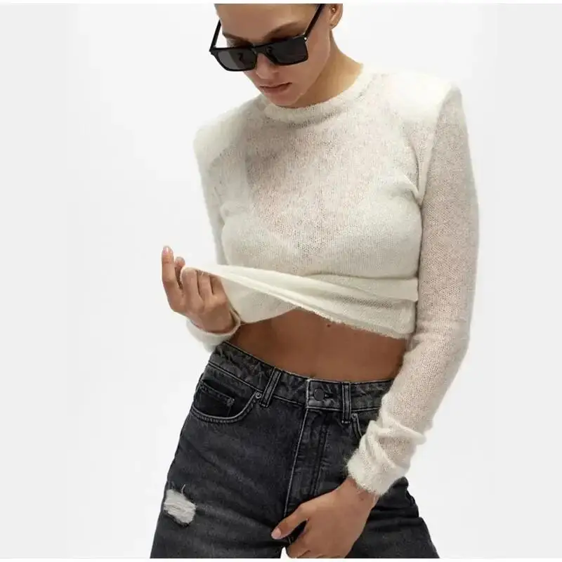

Women Hollow Out Knitted Pullover Sweater Elegant Soft Crew Neck Long Sleeve Casual Female Outwear Spring Autumn