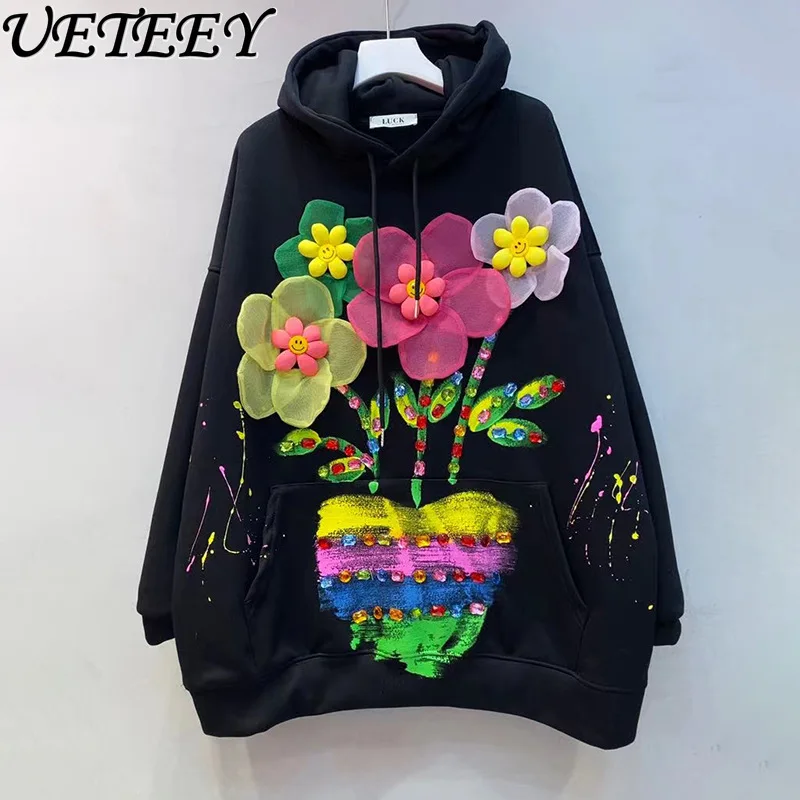 Thailand Fashion 2024 Autumn New Graffiti Personality Flowers Black Sweatshirt Women Loose Mid-length Hooded Coat Jacket Female