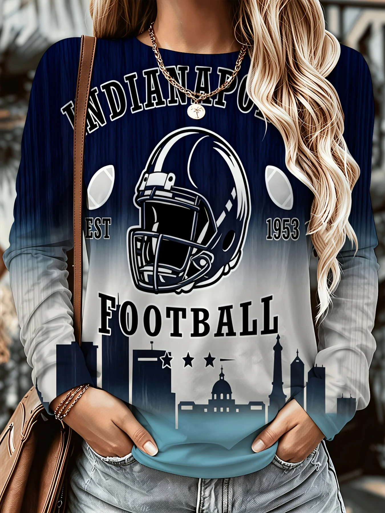 Women's Long Sleeve T-Shirt, Indianapolis Football Helmet 1953 City Skyline Print Top, All-Winter Holiday Style Top Suitable For Leisure And Sports Scenarios