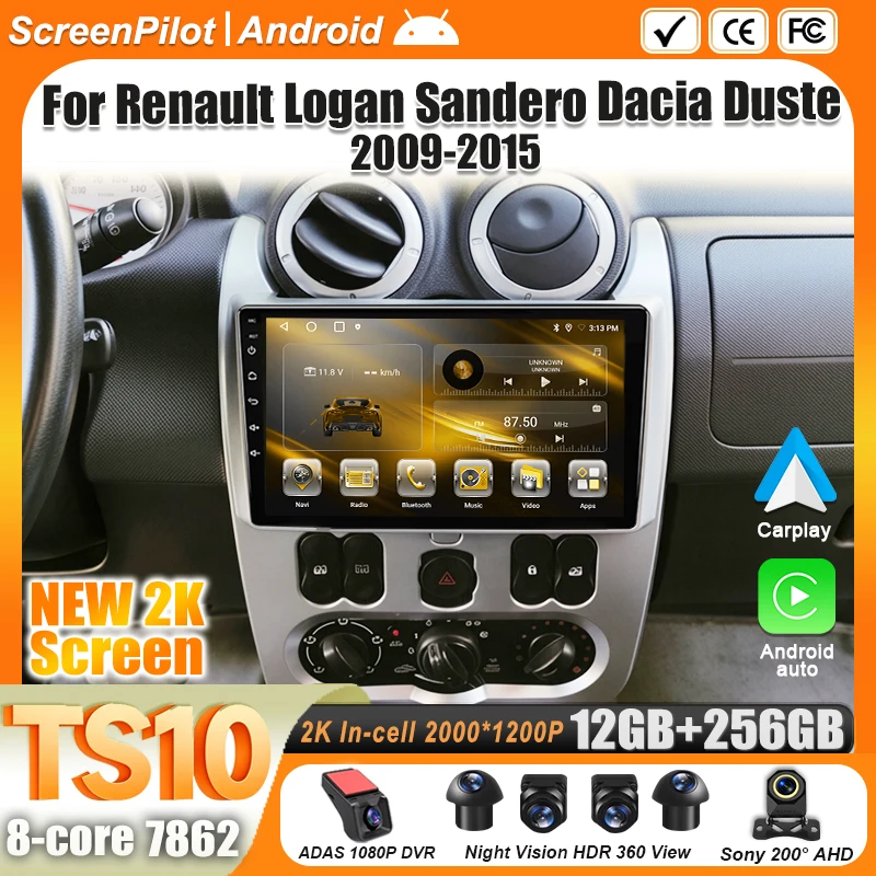 Android 16 For Car Radio Renault Logan Sandero Dacia Duster 2009-2015 Lada Largus 2012-2020 Nissan NP 200 2010-2013 CarPlay